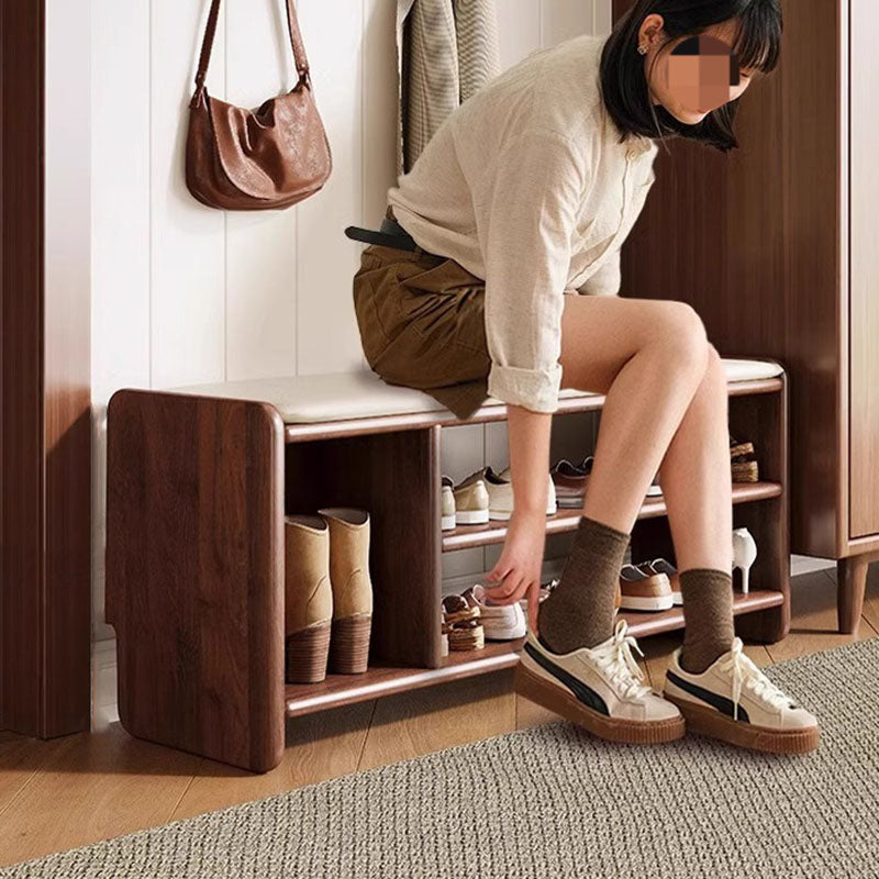 Banco zapatero rectangular redondeado moderno minimalista de madera maciza y cuero sintético de 2 niveles para sala de estar