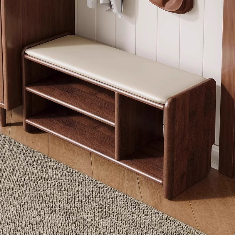 Banco zapatero rectangular redondeado moderno minimalista de madera maciza y cuero sintético de 2 niveles para sala de estar