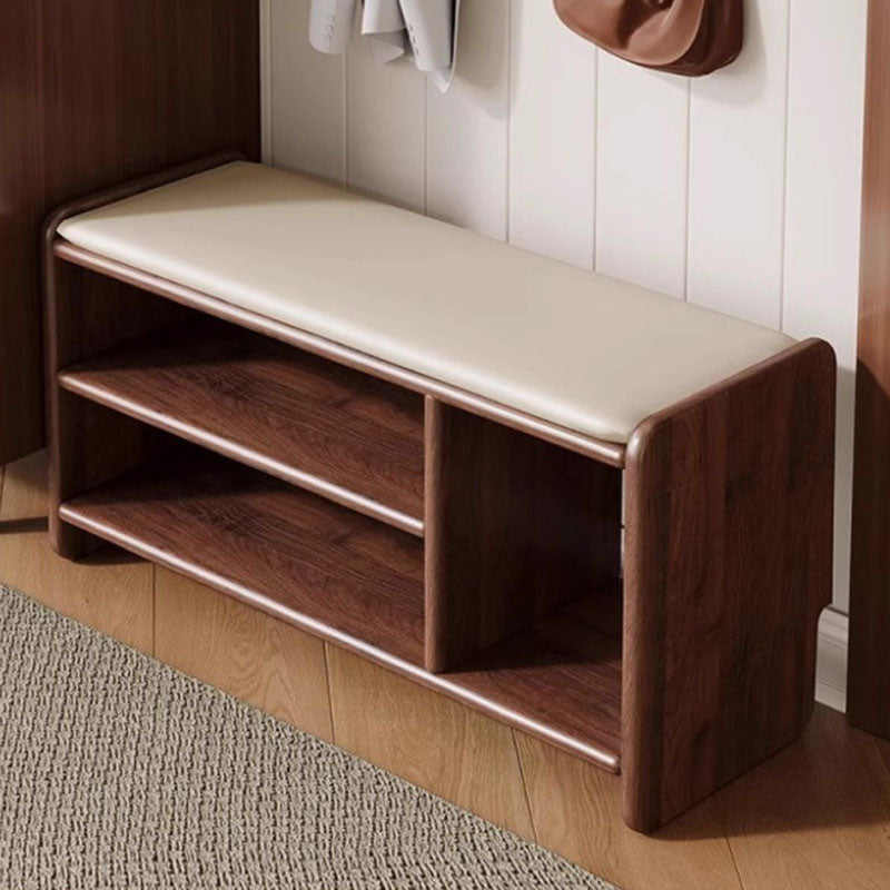 Banco zapatero rectangular redondeado moderno minimalista de madera maciza y cuero sintético de 2 niveles para sala de estar