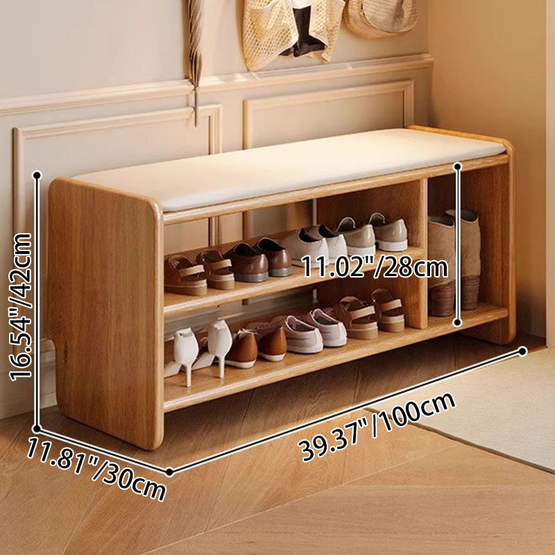 Banco zapatero rectangular redondeado moderno minimalista de madera maciza y cuero sintético de 2 niveles para sala de estar