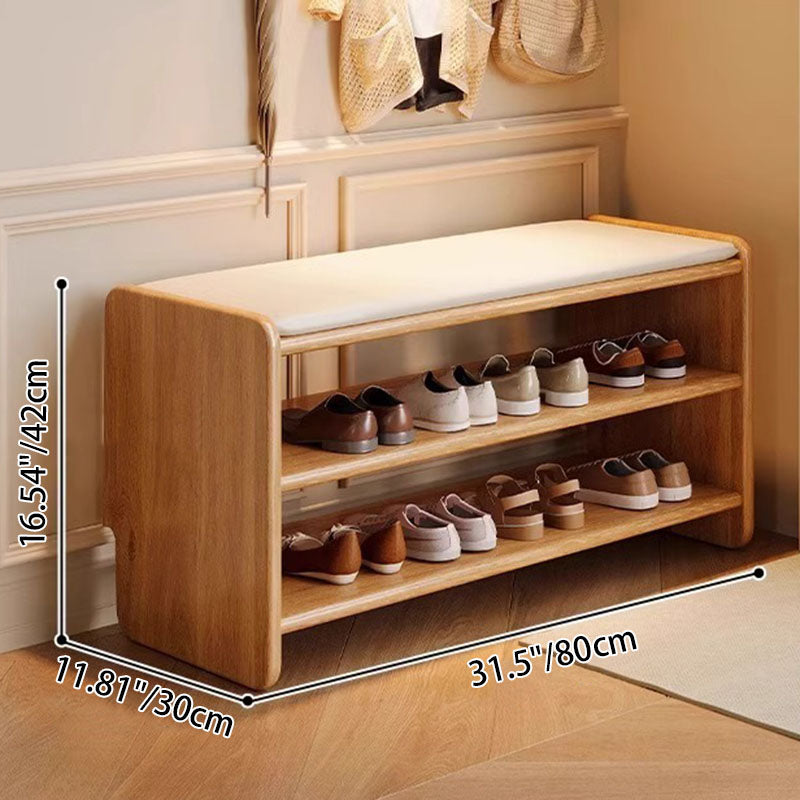Banco zapatero rectangular redondeado moderno minimalista de madera maciza y cuero sintético de 2 niveles para sala de estar
