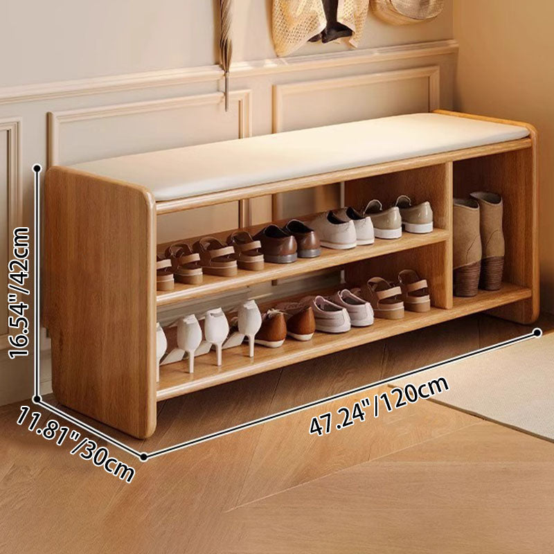 Banco zapatero rectangular redondeado moderno minimalista de madera maciza y cuero sintético de 2 niveles para sala de estar