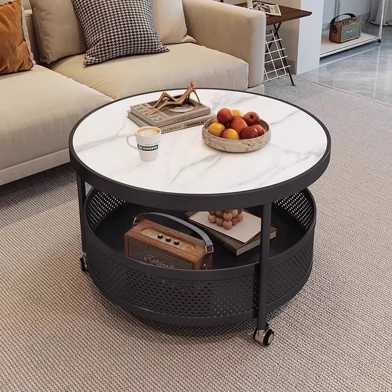 Contemporary Scandinavian Metal Slab Movable Round Side Table With 2 Tiers For Living Room