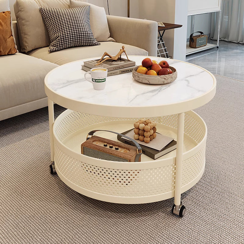 Contemporary Scandinavian Metal Slab Movable Round Side Table With 2 Tiers For Living Room