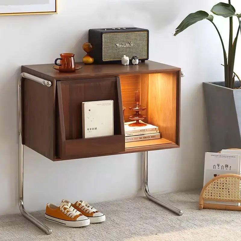Mesa auxiliar rectangular de madera contrachapada de estilo japonés tradicional con almacenamiento y acero inoxidable para salón