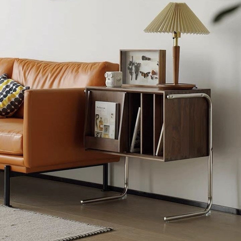 Mesa auxiliar rectangular de madera contrachapada de estilo japonés tradicional con almacenamiento y acero inoxidable para salón
