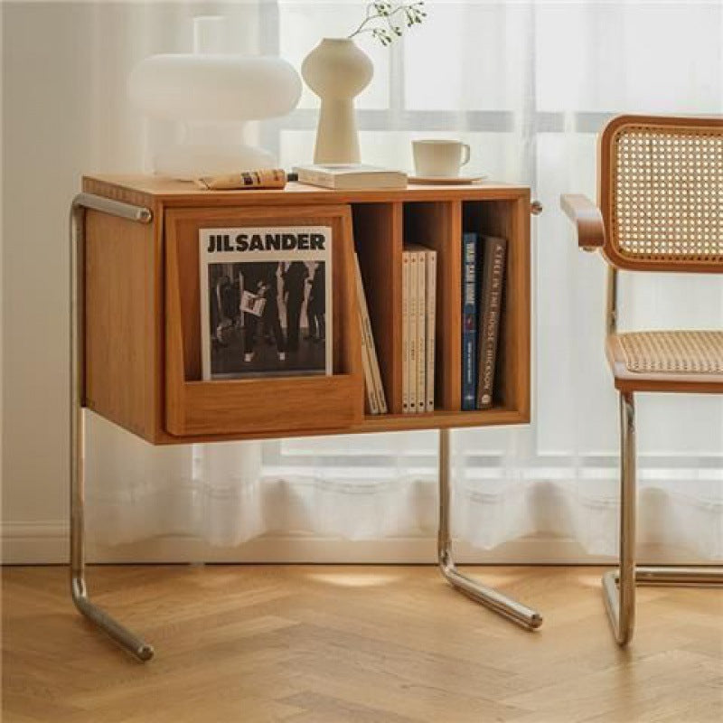 Mesa auxiliar rectangular de madera contrachapada de estilo japonés tradicional con almacenamiento y acero inoxidable para salón