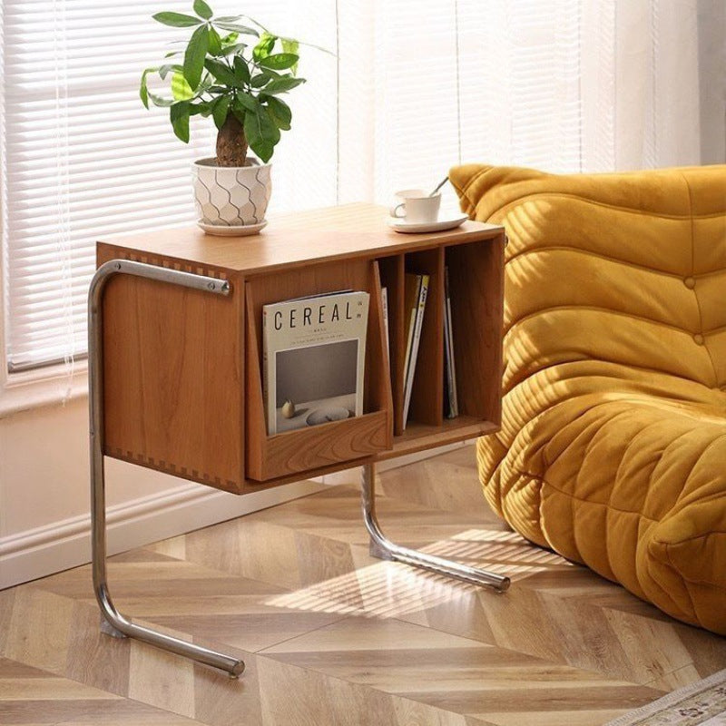 Mesa auxiliar rectangular de madera contrachapada de estilo japonés tradicional con almacenamiento y acero inoxidable para salón