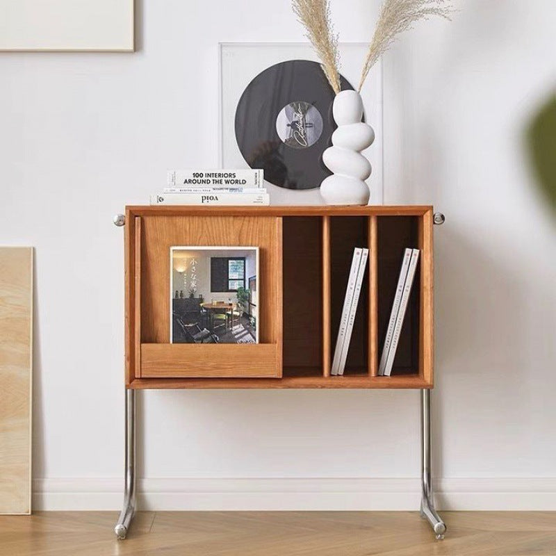 Mesa auxiliar rectangular de madera contrachapada de estilo japonés tradicional con almacenamiento y acero inoxidable para salón
