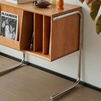 Mesa auxiliar rectangular de madera contrachapada de estilo japonés tradicional con almacenamiento y acero inoxidable para salón