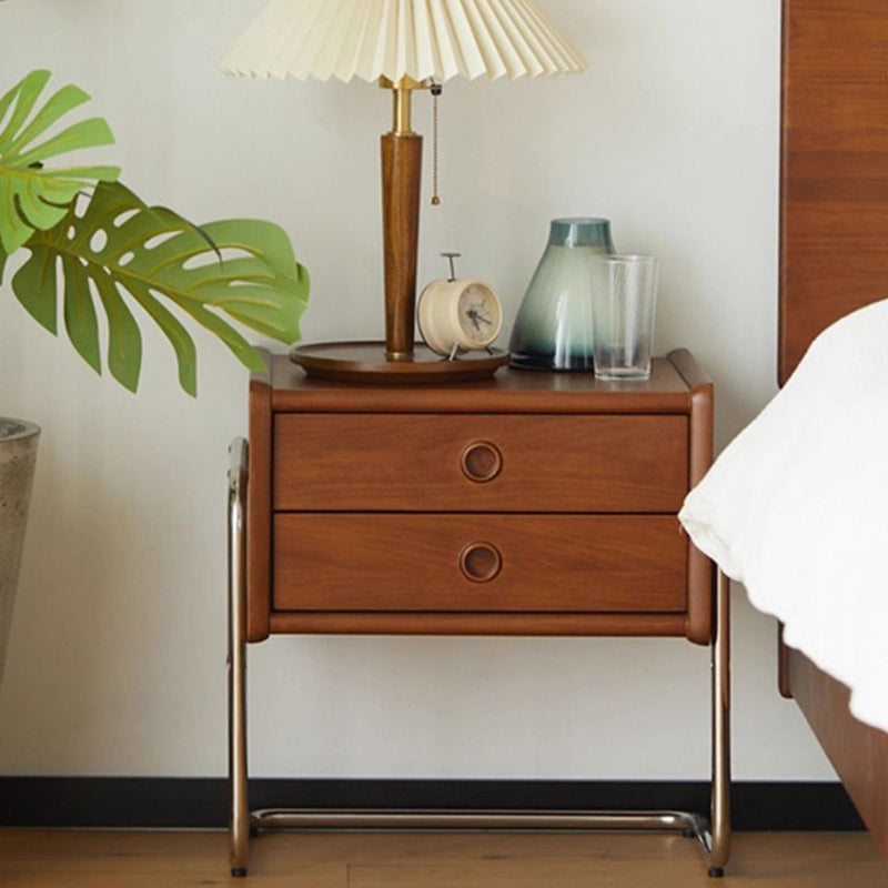 Mesita de Noche Contemporánea Retro Rectangular de Madera de Roble y Acero Inoxidable con 2 Cajones Para Dormitorio