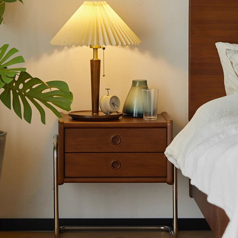 Mesita de Noche Contemporánea Retro Rectangular de Madera de Roble y Acero Inoxidable con 2 Cajones Para Dormitorio