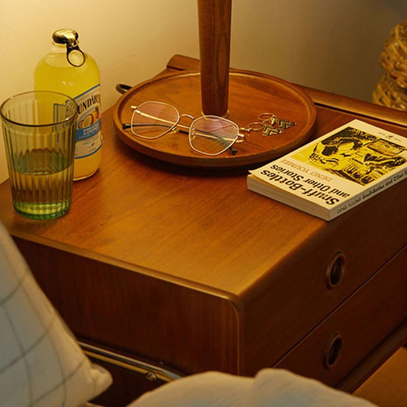 Mesita de Noche Contemporánea Retro Rectangular de Madera de Roble y Acero Inoxidable con 2 Cajones Para Dormitorio
