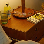Mesita de Noche Contemporánea Retro Rectangular de Madera de Roble y Acero Inoxidable con 2 Cajones Para Dormitorio