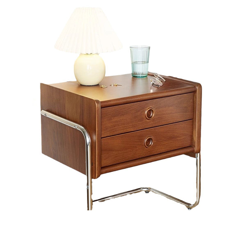 Mesita de Noche Contemporánea Retro Rectangular de Madera de Roble y Acero Inoxidable con 2 Cajones Para Dormitorio