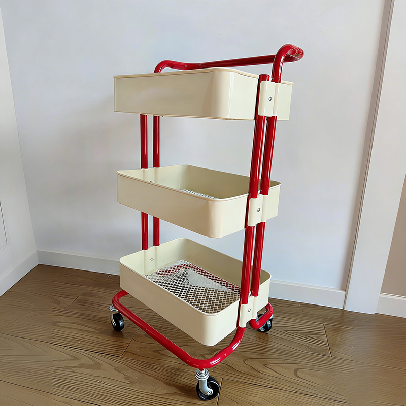 Mesa auxiliar rectangular contemporánea nórdica de acero al carbono con marco, carro con ruedas, estantes de almacenamiento de 3 niveles para sala de estar