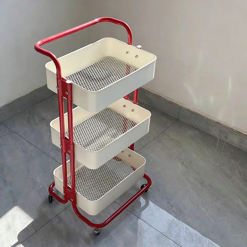 Mesa auxiliar rectangular contemporánea nórdica de acero al carbono con marco, carro con ruedas, estantes de almacenamiento de 3 niveles para sala de estar