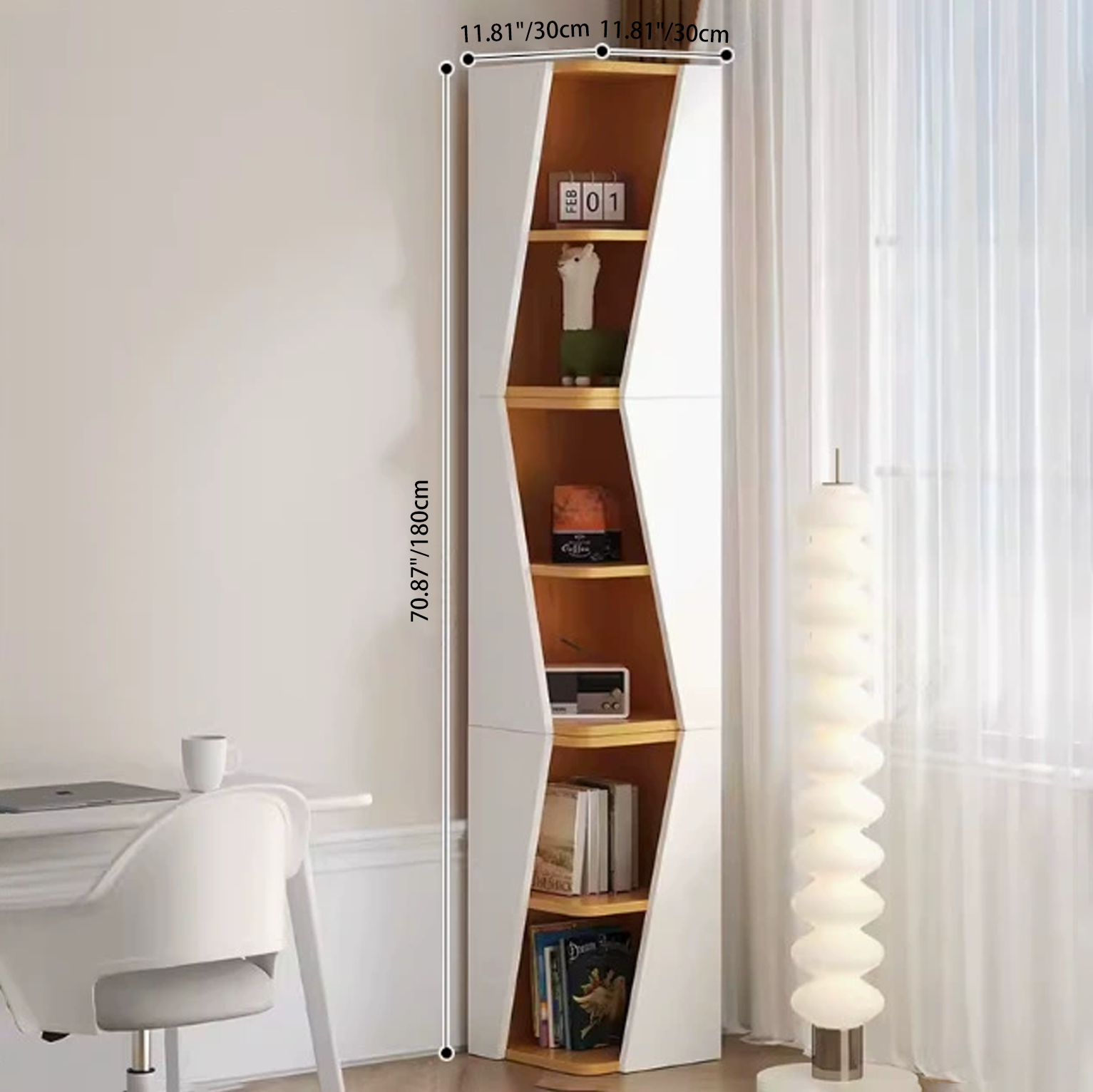 Estantería esquinera compacta de MDF con diseño triangular, minimalista y moderno, con 2/4/6 niveles de almacenamiento para oficina en casa