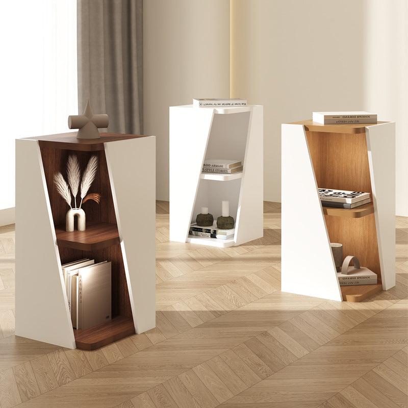 Estantería esquinera compacta de MDF con diseño triangular, minimalista y moderno, con 2/4/6 niveles de almacenamiento para oficina en casa