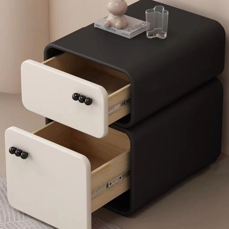 Mesita de noche contemporánea escandinava de panel de densidad de madera rectangular, color crema, con 2 cajones para dormitorio