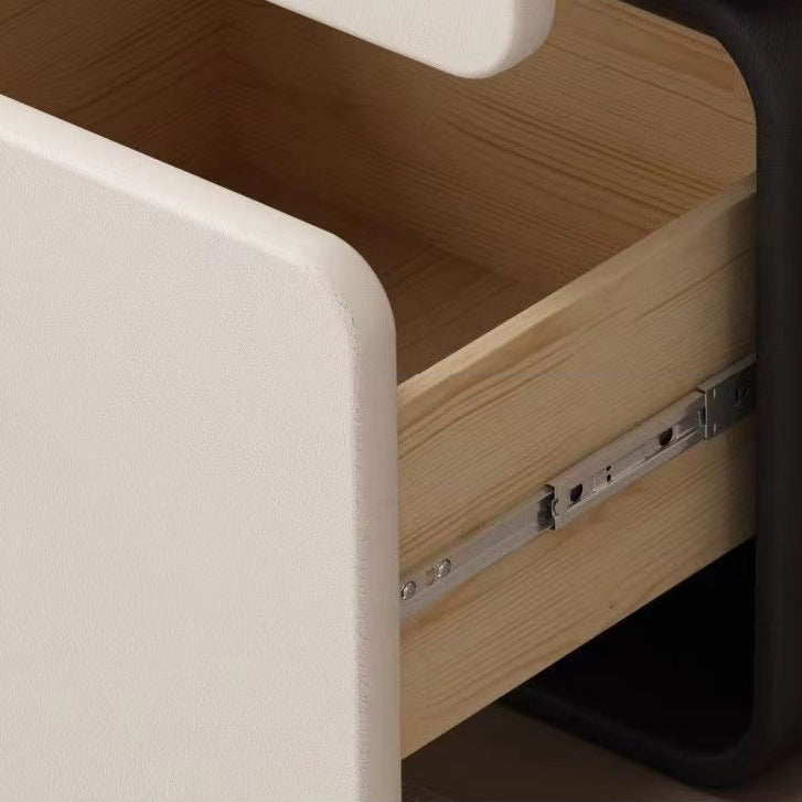 Mesita de noche contemporánea escandinava de panel de densidad de madera rectangular, color crema, con 2 cajones para dormitorio
