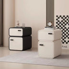 Mesita de noche contemporánea escandinava de panel de densidad de madera rectangular, color crema, con 2 cajones para dormitorio