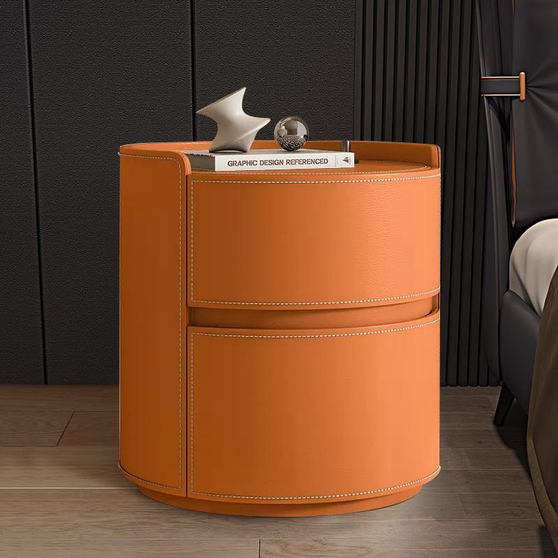 Mesita de noche moderna de lujo redonda de madera contrachapada con piel sintética y 2 cajones para dormitorio