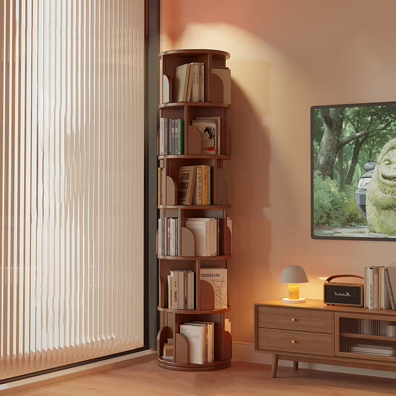 Modern Minimalist Cylindrical Bamboo Metal & MDF Rotatable Floor-Standing Bookshelf 3/4/5/6/7-Tier For Study