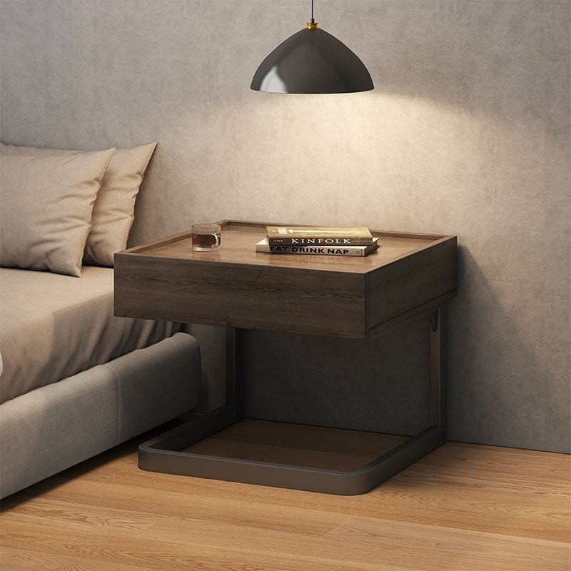 Mesita de noche colgante moderna, minimalista, rectangular, de hierro y madera contrachapada, con 1 cajón, para dormitorio