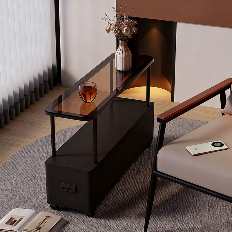 Mesita auxiliar movible con 1 cajón para dormitorio, rectangular, ultraestrecha, moderna y minimalista, con tablero de partículas de metal y vidrio templado