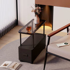 Mesita auxiliar movible con 1 cajón para dormitorio, rectangular, ultraestrecha, moderna y minimalista, con tablero de partículas de metal y vidrio templado