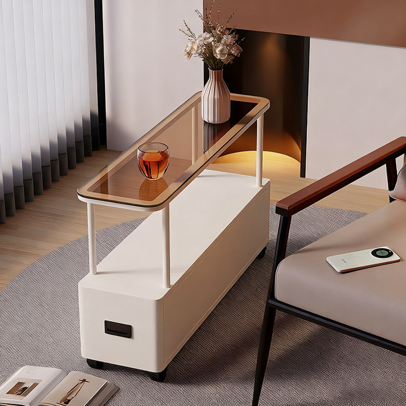 Modern Minimalist Ultra-Narrow Rectangular Tempered Glass Metal Particle Board Movable End Table 1-Drawer For Bedroom