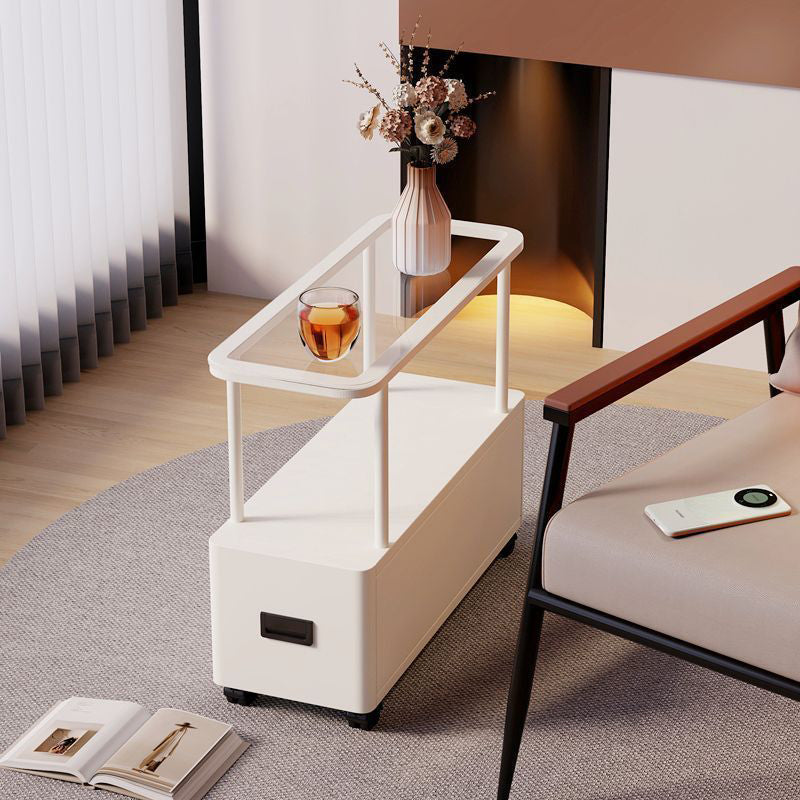 Modern Minimalist Ultra-Narrow Rectangular Tempered Glass Metal Particle Board Movable End Table 1-Drawer For Bedroom