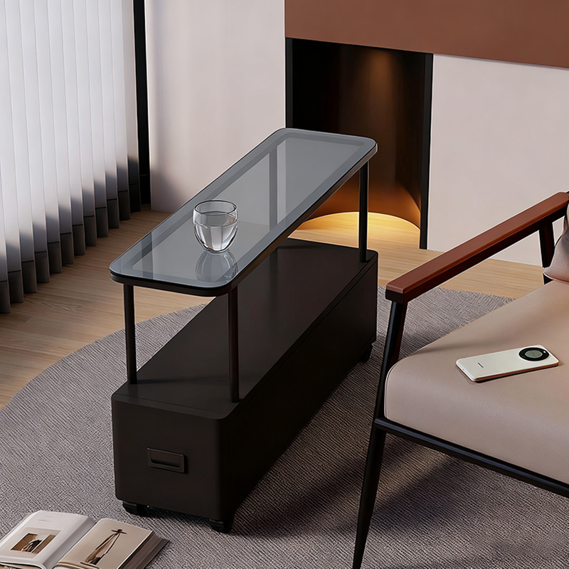 Modern Minimalist Ultra-Narrow Rectangular Tempered Glass Metal Particle Board Movable End Table 1-Drawer For Bedroom