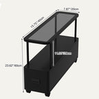 Mesita auxiliar movible con 1 cajón para dormitorio, rectangular, ultraestrecha, moderna y minimalista, con tablero de partículas de metal y vidrio templado