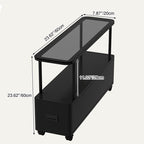 Mesita auxiliar movible con 1 cajón para dormitorio, rectangular, ultraestrecha, moderna y minimalista, con tablero de partículas de metal y vidrio templado