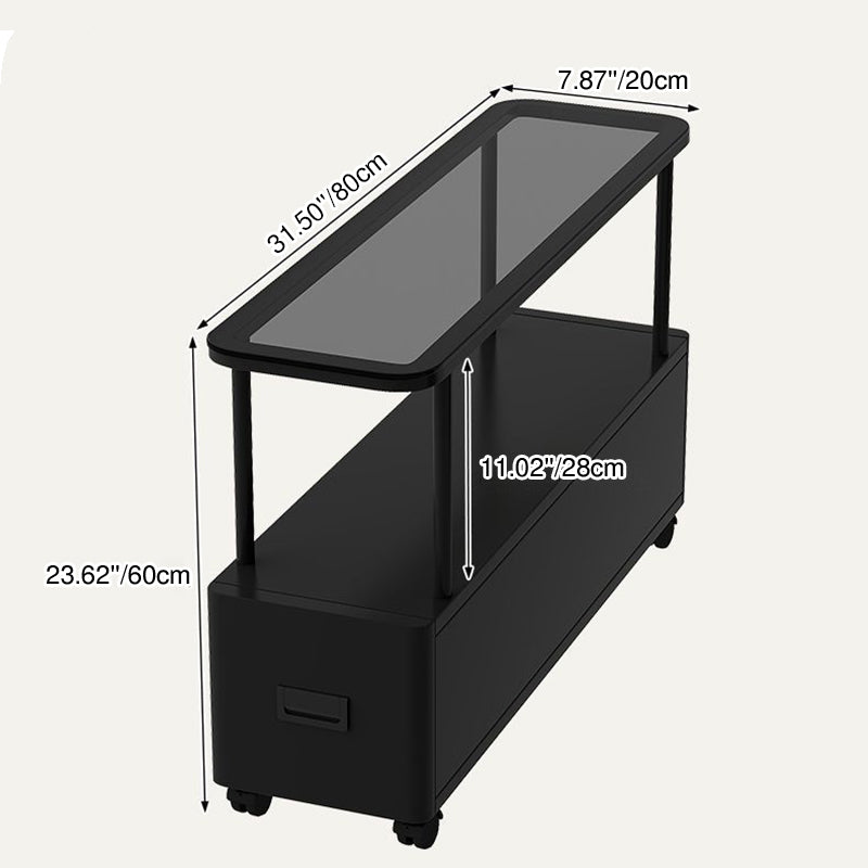 Mesita auxiliar movible con 1 cajón para dormitorio, rectangular, ultraestrecha, moderna y minimalista, con tablero de partículas de metal y vidrio templado