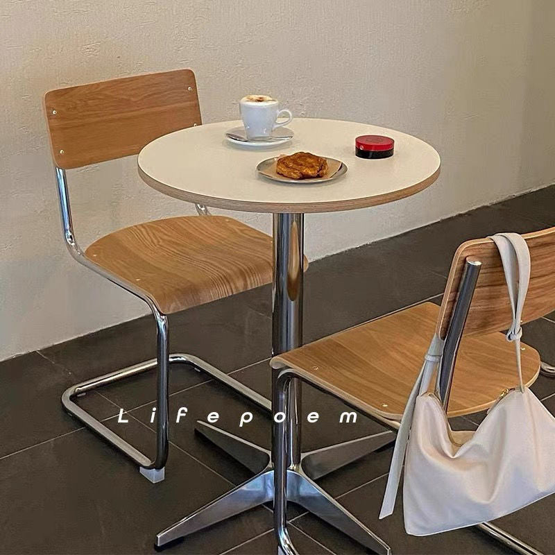 Mesa de comedor redonda moderna minimalista de madera contrachapada, acero inoxidable y aluminio, de 1 nivel, para comedor y cocina