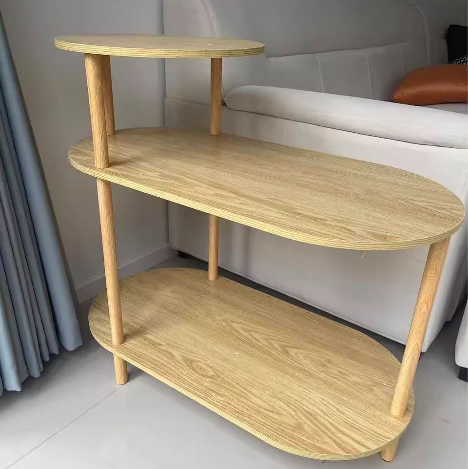 Modern Minimalist Round Oval Plank Solid Wood End Table 3-Tier For Living Room
