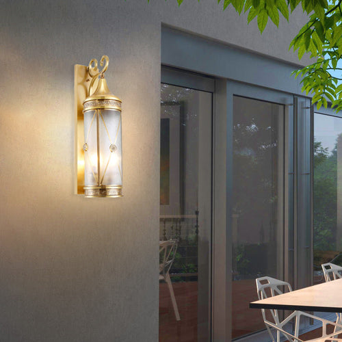 Contemporary Luxury Brass Frame Cylinder Water Pattern Glass Shade 3-Light Outdoor Wall Sconce Lamp For Garden