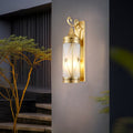 Lámpara de pared exterior de 3 luces con pantalla de cristal con diseño de agua cilíndrico y marco de latón de lujo contemporáneo para jardín