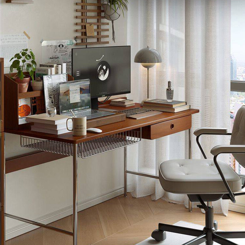 Modern Minimalist Rectangular Solid Wood Stainless Steel Desk 4-Leg 1-Drawer For Home Office