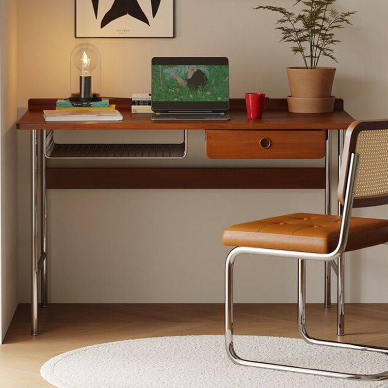 Modern Minimalist Rectangular Solid Wood Stainless Steel Desk 4-Leg 1-Drawer For Home Office