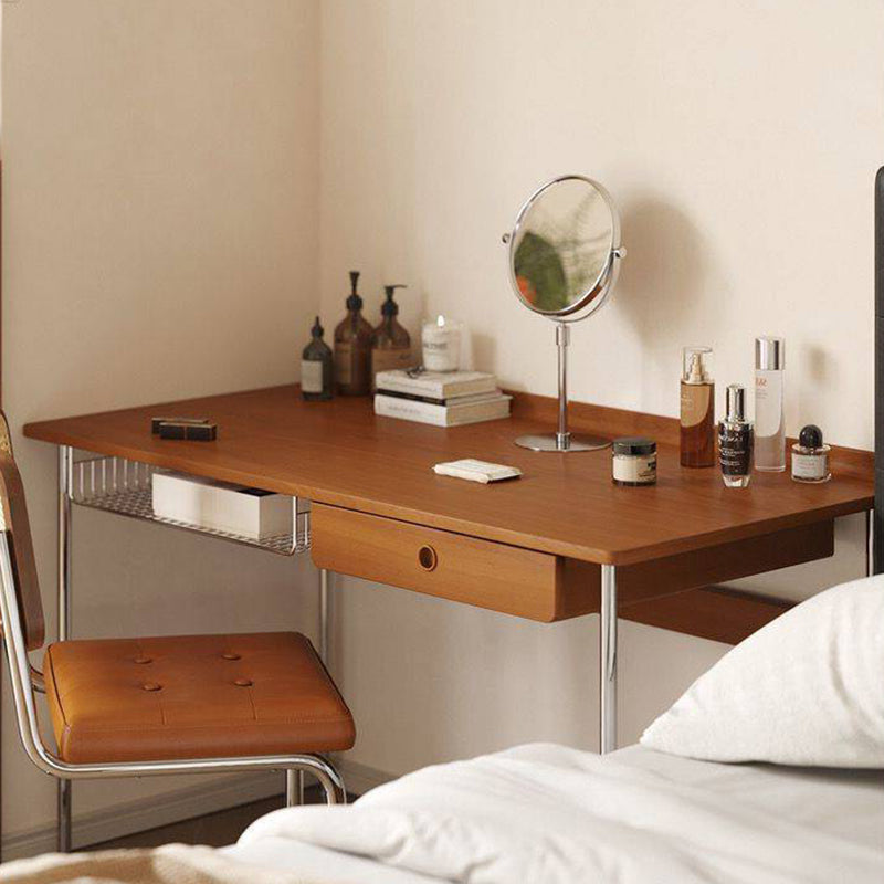 Modern Minimalist Rectangular Solid Wood Stainless Steel Desk 4-Leg 1-Drawer For Home Office