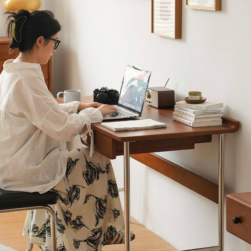 Modern Minimalist Rectangular Solid Wood Stainless Steel Desk 4-Leg 1-Drawer For Home Office