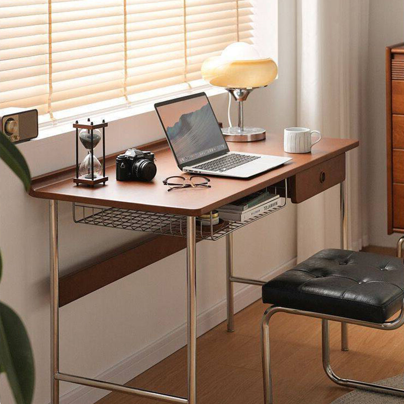 Modern Minimalist Rectangular Solid Wood Stainless Steel Desk 4-Leg 1-Drawer For Home Office