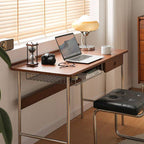Modern Minimalist Rectangular Solid Wood Stainless Steel Desk 4-Leg 1-Drawer For Home Office
