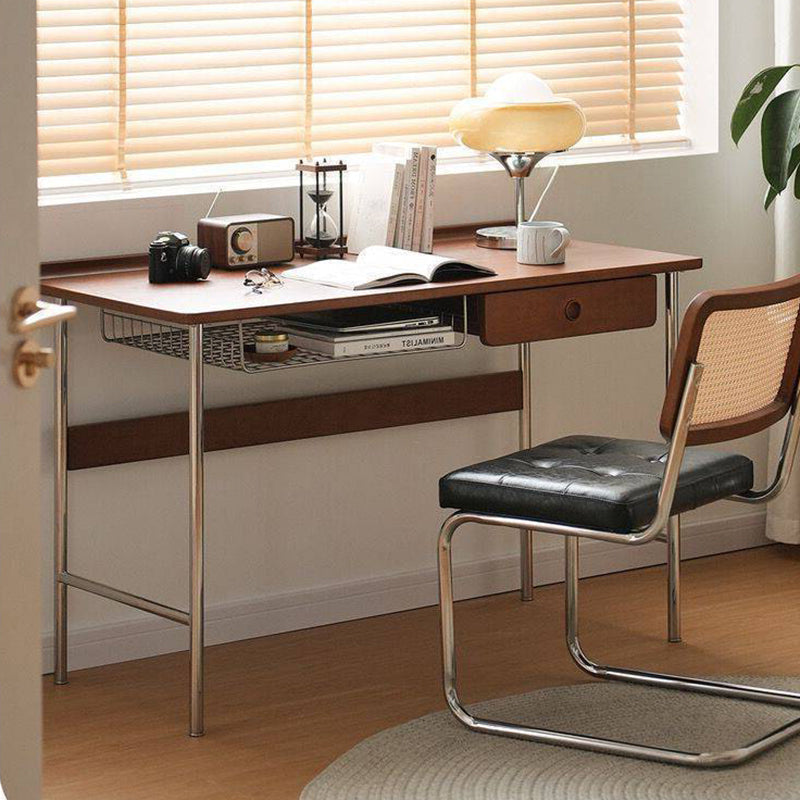 Modern Minimalist Rectangular Solid Wood Stainless Steel Desk 4-Leg 1-Drawer For Home Office