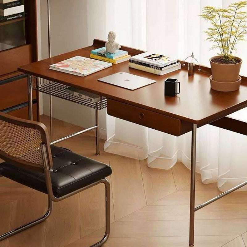 Modern Minimalist Rectangular Solid Wood Stainless Steel Desk 4-Leg 1-Drawer For Home Office