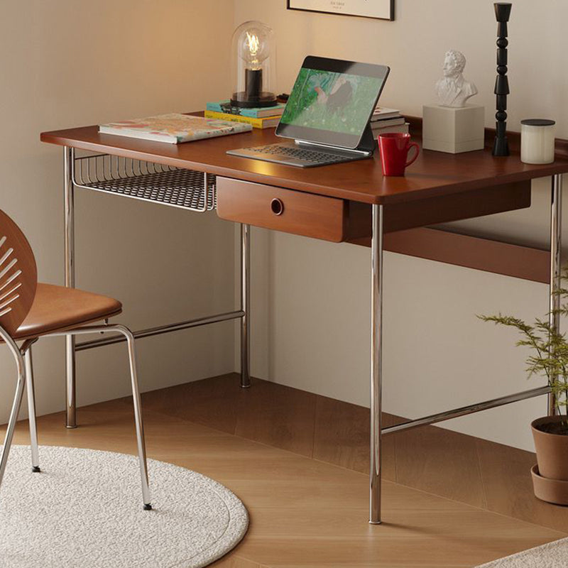 Modern Minimalist Rectangular Solid Wood Stainless Steel Desk 4-Leg 1-Drawer For Home Office